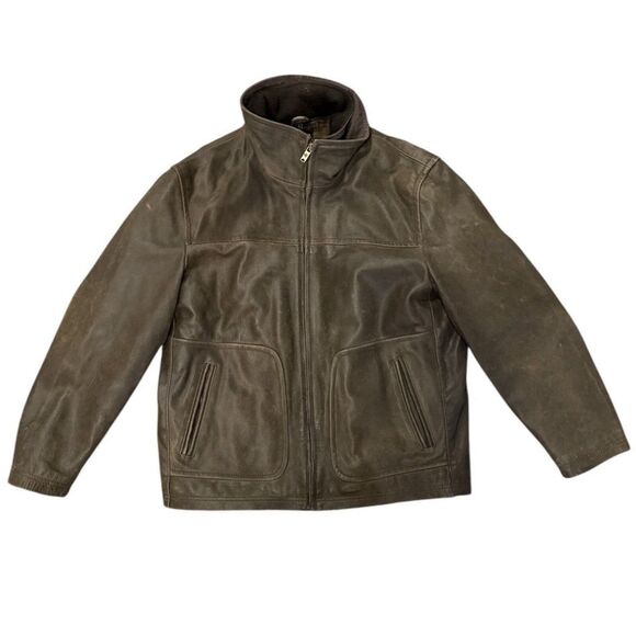 Vintage Columbia Heavy Leather Coat Jacket Mens L Brown Plaid Lining Zip Front - Picture 1 of 11